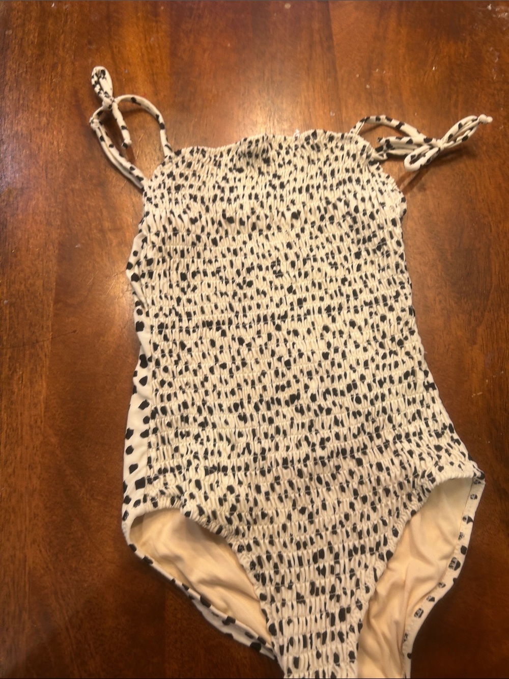 Girls' Cream and Black Smocked One-Piece Swimsuit